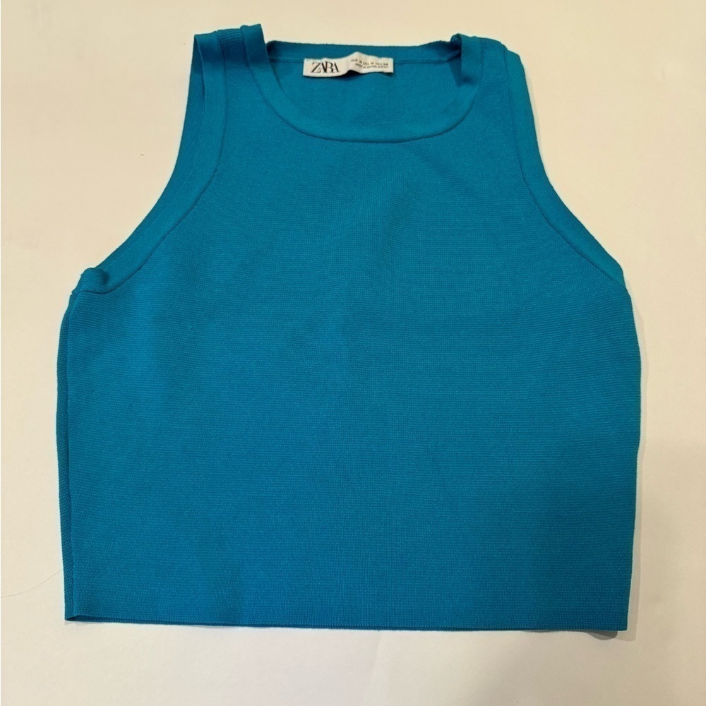 Zara Blue Knit Cropped High Neck Cami Top Sleeveless Tank Medium Ribbed Stretch